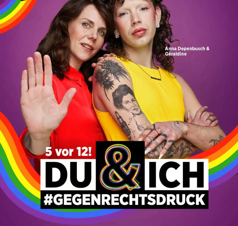 Plakat Pride Week 2024 mit Anna Depenbusch & Geraldine zum Mott: 5 vor 12! Du & Ich #GegenRechtsruck