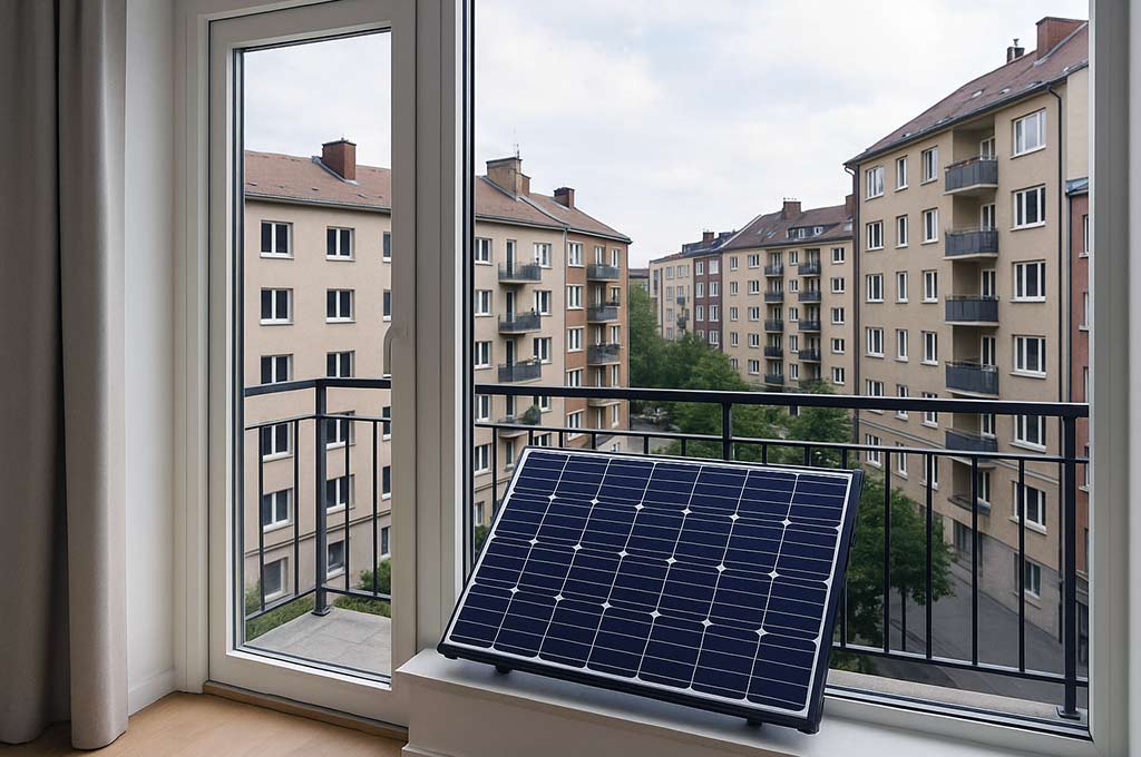 Solarenergie Balkonkraftwerk: Photovoltaik Panel steht im Fenster