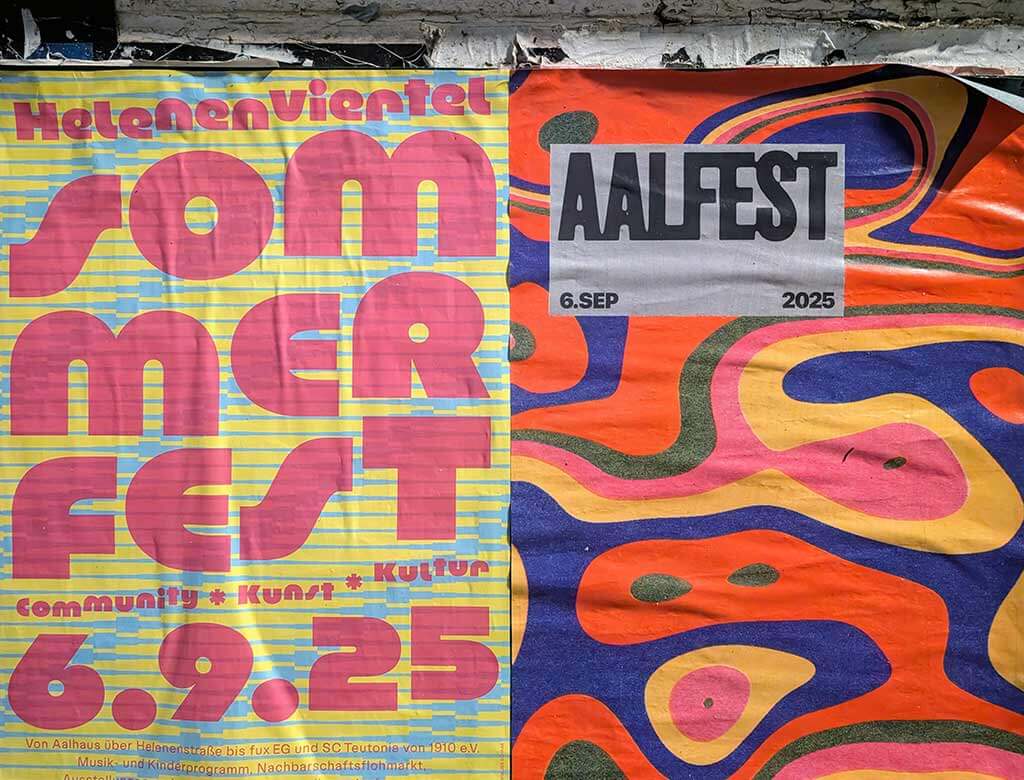 Helenenviertelfest 2025 und Aalfest am Aalhaus - Community/ Kunst / Kultur / Flohmarkt 1 Zwei Plakate nebeneinander: Helenenviertel Sommerfest 2025 & Aalfest 2025