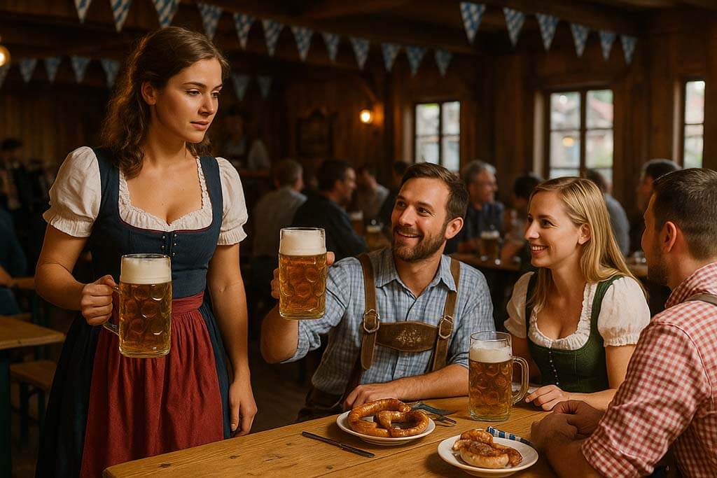 Oktoberfest in Hamburg: eine Kellnerin im Trachtenkleid bringt ein Maß Bier an einen Tisch in einem Wirtahaus. Ein Mann am Tisch prostet ihr zu