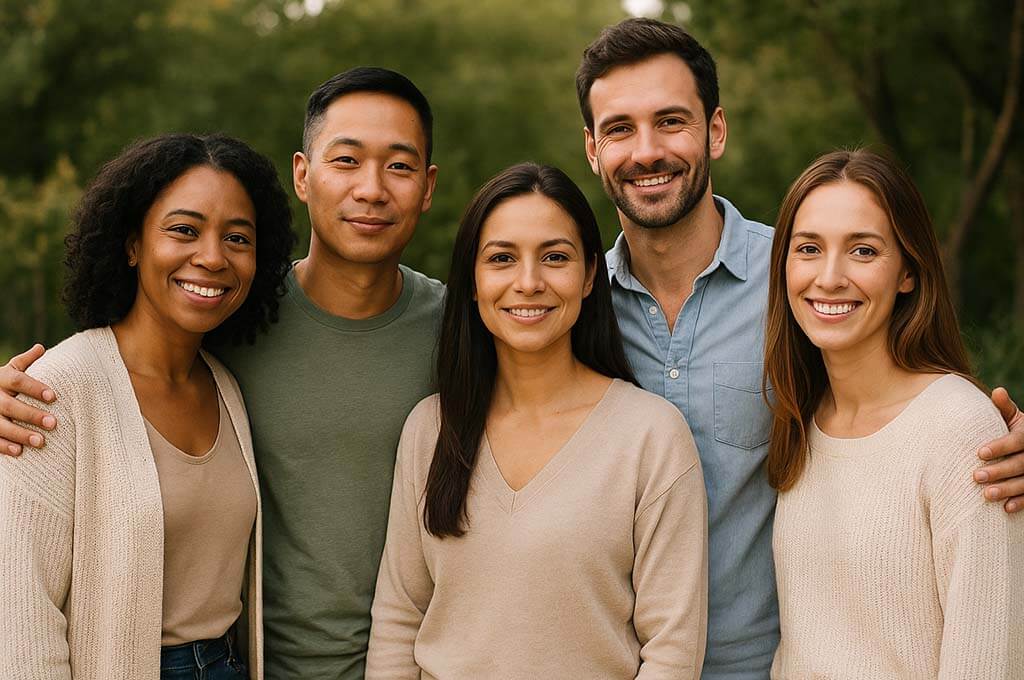 Paare, drei freundliche Frauen und zwei Männer dahinter zeigen ihr lächeln als Symbolbild für Reichtum