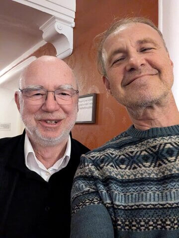 Moers Lektor Wolfgang Ferchl nach der Uraufführung im Schauspielhaus mit Mark Max Henckel