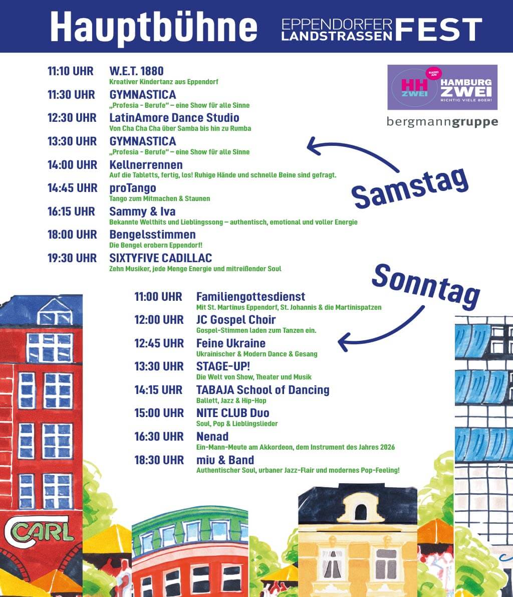 Eppendorfer Landstraßenfest 30. & 31. Mai 2026 1 Programm Hauptbühne: Eppendorfer Landstraßenfest 30. & 31. Mai 2026