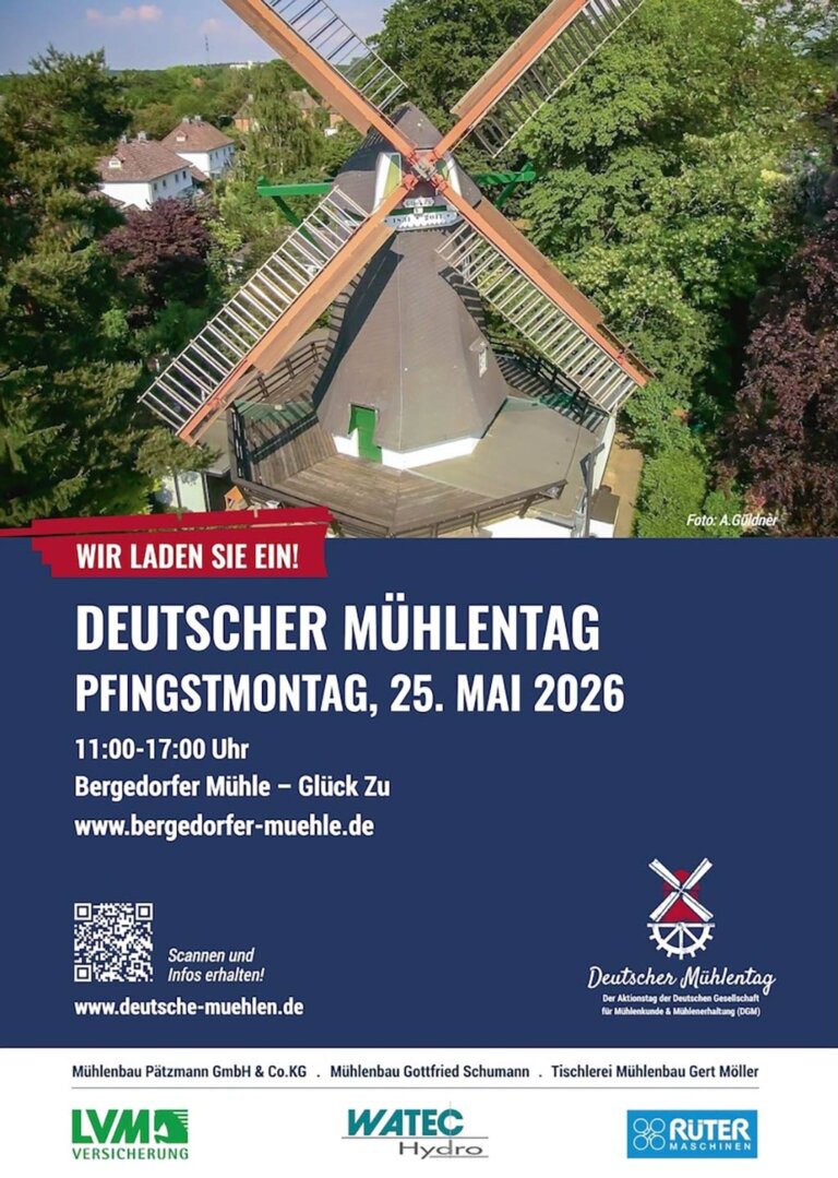 Plakat: Deutscher Mühlentag in der Bergedorfer Mühle 2026