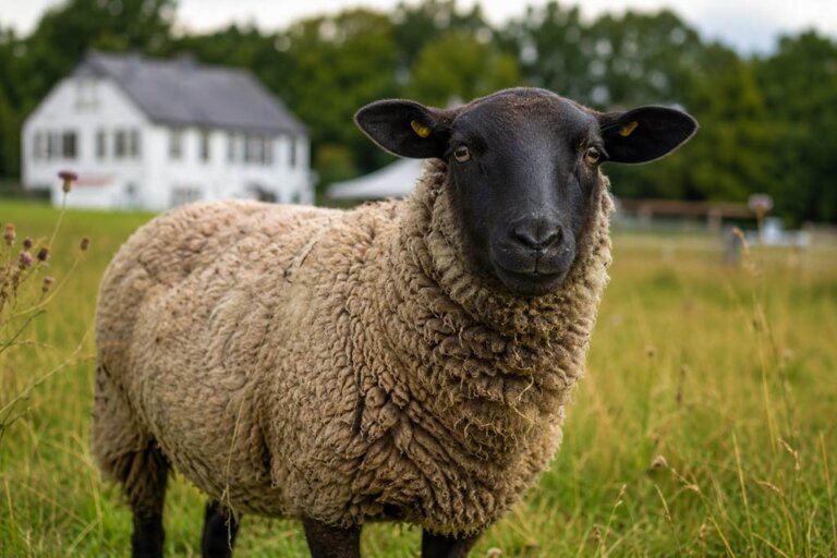 Ein Schaf vor dem Schafschur- und Pfingstfest auf Gut Karlshöhe