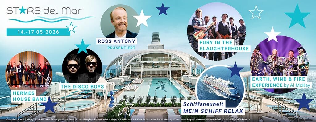 Stars del Mar 2026: Vier Tage Party, Konzerte und Kreuzfahrt auf der neuen Mein Schiff Relax 1 Plakat: Stars del Mar 2026