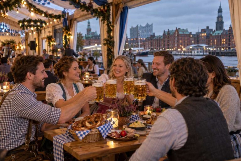 Fröhliche Menschen in einem Restaurant mit Blick auf die Speicherstadt soßen mit einer Maß Bier an zum Oktoberfest 2026 in Hamburg