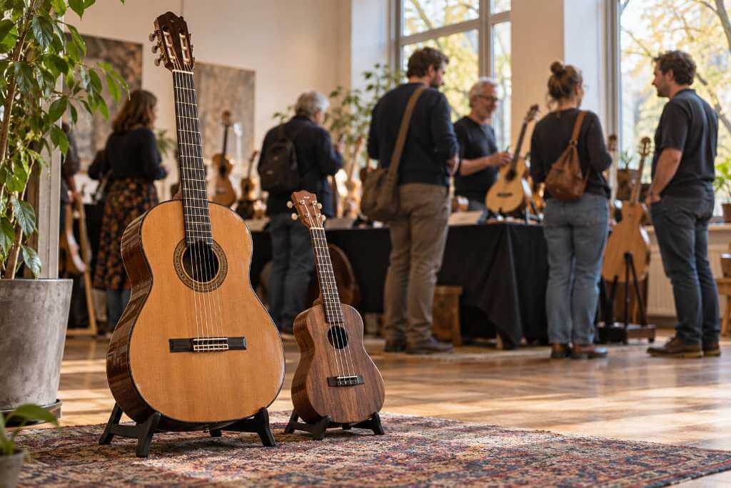 Hanse Guitar Festival 2026: So viel Musik gibt es kostenlos 2 ine Konzertgitarre und eine Ukulele stehen im Vordergrund eines hellen Veranstaltungsraums. Dahinter unterhalten sich Menschen zwischen ausgestellten Gitarren. Symbolbild zum Hanse Guitar Festival 2026 in Hamburg mit kostenlosen Konzerten, Ausstellung und Mitmachangeboten.