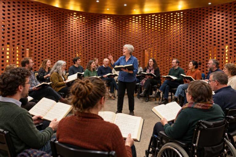 Hamburg All-Day Singing 2026: Gemeinschaftliches Sacred-Harp-Singen vor offenen Backsteinwänden. Eine Frau gibt den Takt vor, während die Gruppe aus Gesangbüchern singt.